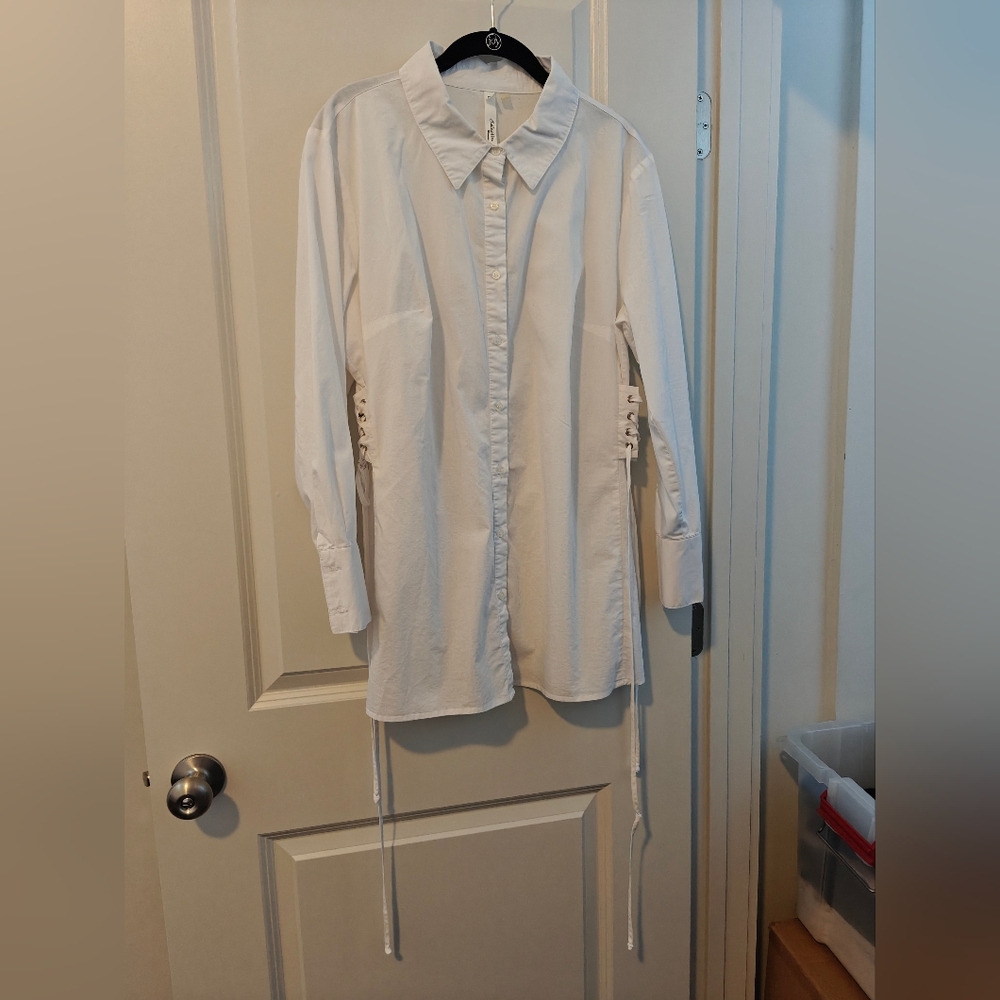 NY Collection Lace-Up Cotton Poplin Blouse White Size Large